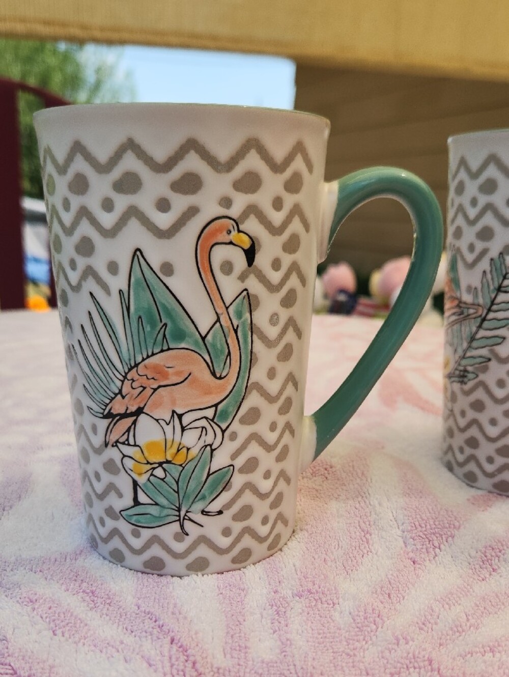 New Flamingo Botanical Ceramic Coffee Mugs - Aqua Interior and Handle - Picture 6 of 7